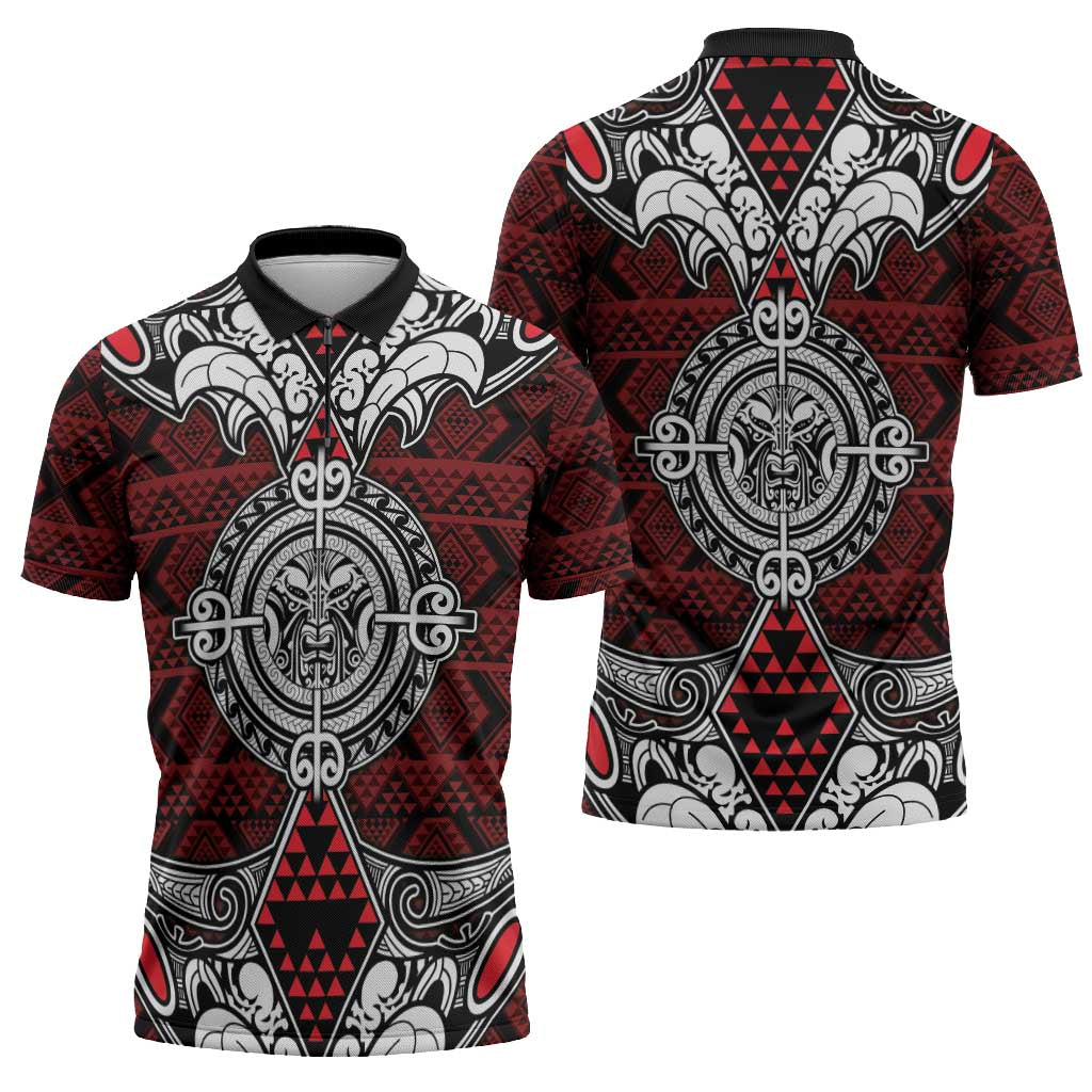 Red Aotearoa Taniko Motif Zipper Polo Shirt Vintage Maori New Zealand Tribal Art Pattern - Polynesian Pride