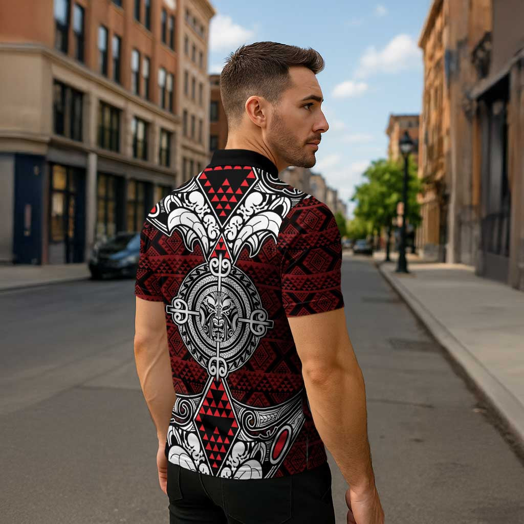 Red Aotearoa Taniko Motif Zipper Polo Shirt Vintage Maori New Zealand Tribal Art Pattern - Polynesian Pride