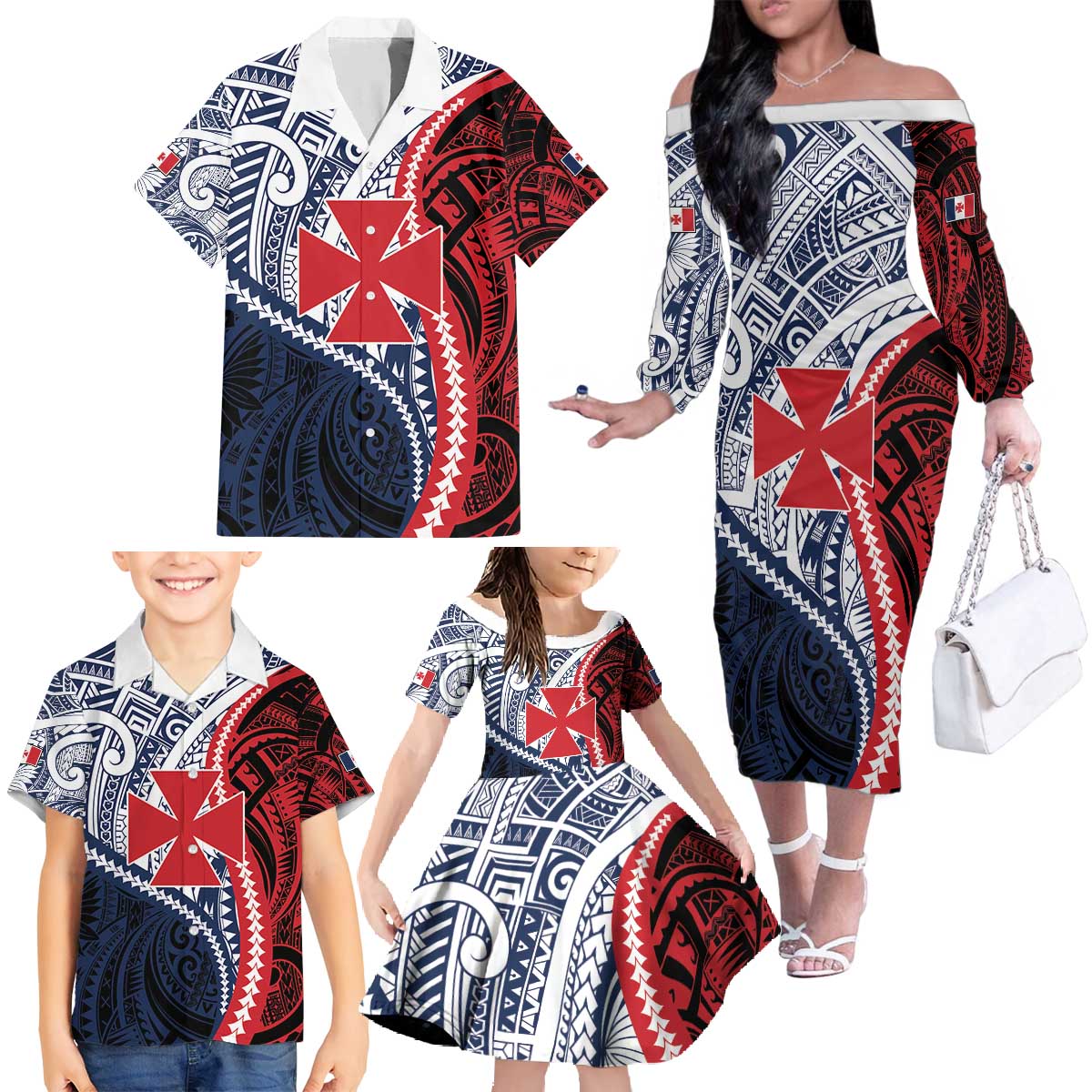 Kingdom of Uvea 1860-1886 Personalized Family Matching Off The Shoulder Long Sleeve Dress and Hawaiian Shirt Wallis and Futuna Polynesian Tribal Pattern