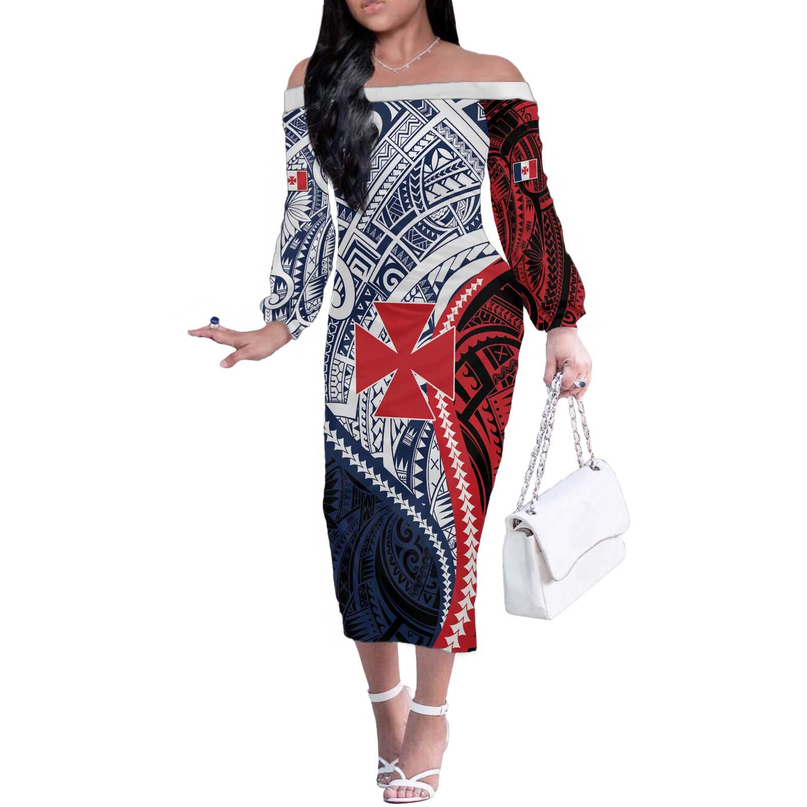 Kingdom of Uvea 1860-1886 Personalized Off The Shoulder Long Sleeve Dress Wallis and Futuna Polynesian Tribal Pattern