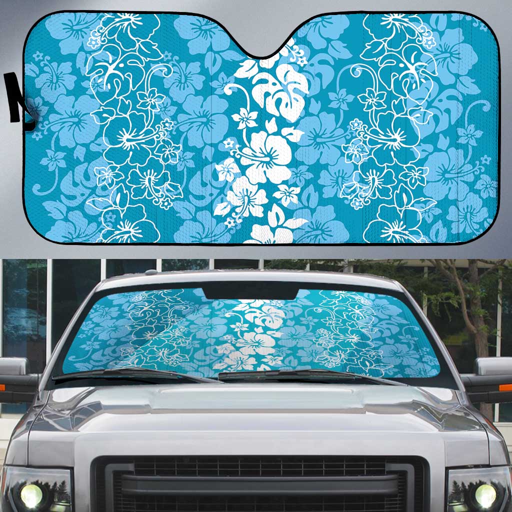 Hawaiian Lei Day Auto Sun Shade Blue Hibiscus Flowers Lei Art - Polynesian Pride