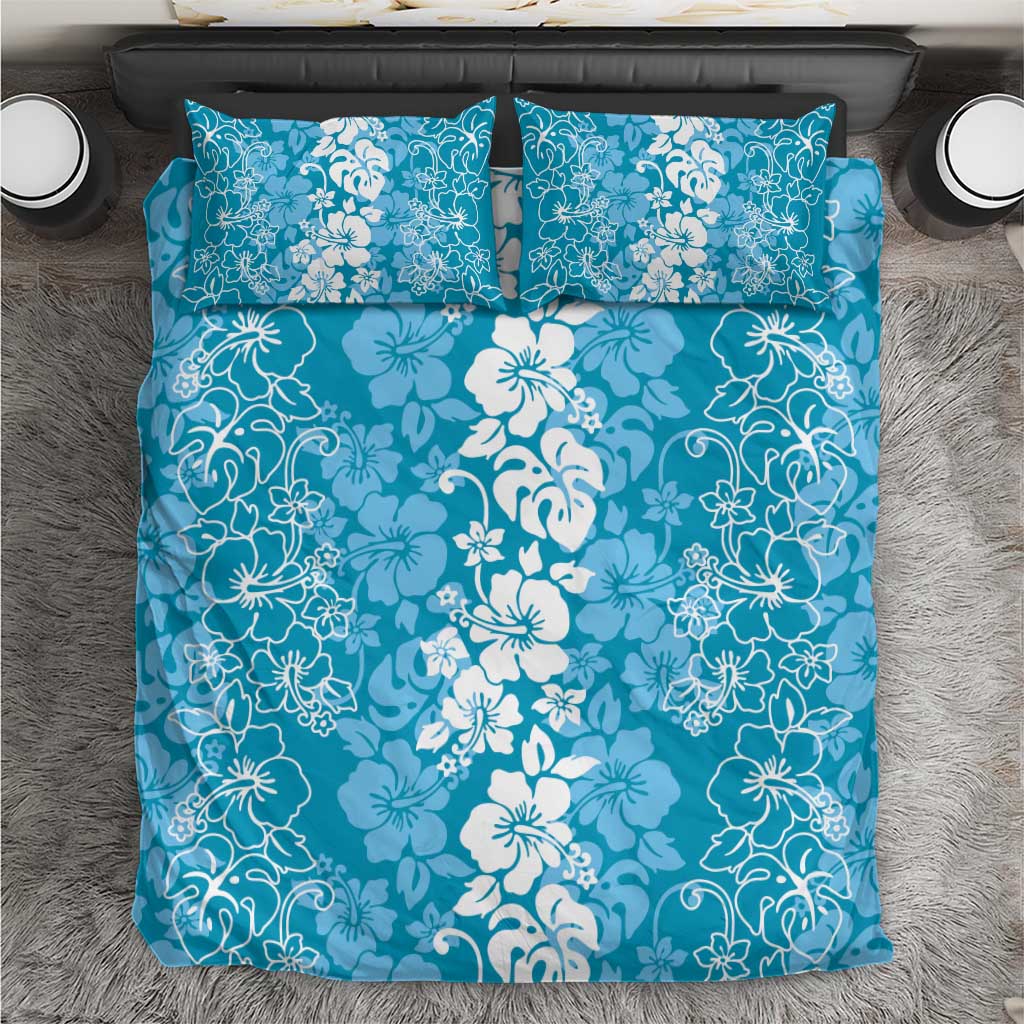Hawaiian Lei Day Bedding Set Blue Hibiscus Flowers Lei Art