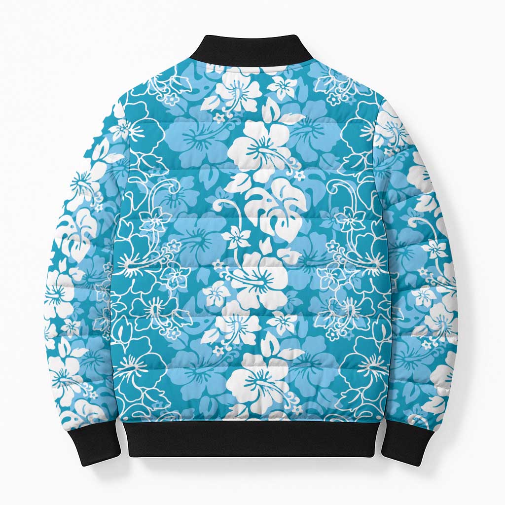 Hawaiian Lei Day Bomber Puffer Jacket Blue Hibiscus Flowers Lei Art - Polynesian Pride