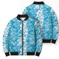 Hawaiian Lei Day Bomber Puffer Jacket Blue Hibiscus Flowers Lei Art - Polynesian Pride
