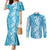 Hawaiian Lei Day Couples Matching Mermaid Dress and Long Sleeve Button Shirt Blue Hibiscus Flowers Lei Art