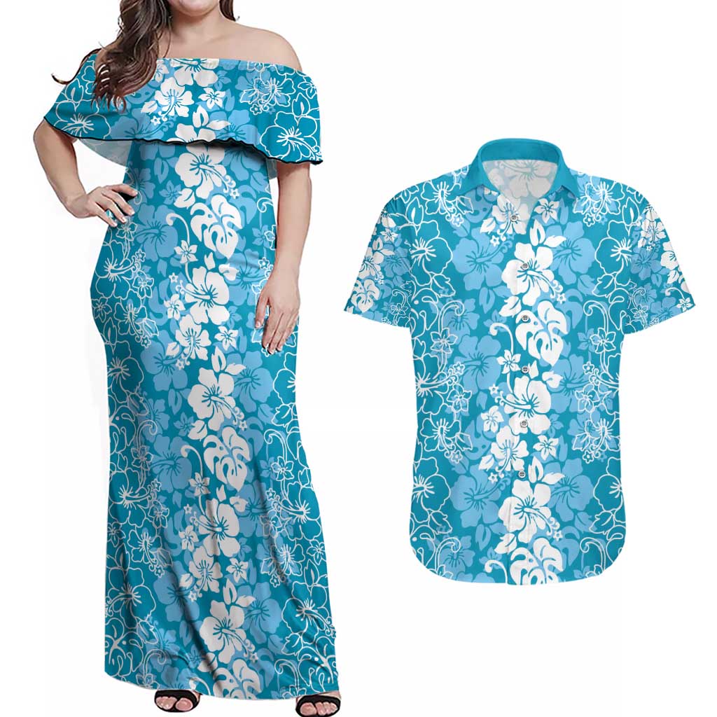 Hawaiian Lei Day Couples Matching Off Shoulder Maxi Dress and Hawaiian Shirt Blue Hibiscus Flowers Lei Art