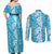 Hawaiian Lei Day Couples Matching Off Shoulder Maxi Dress and Long Sleeve Button Shirt Blue Hibiscus Flowers Lei Art