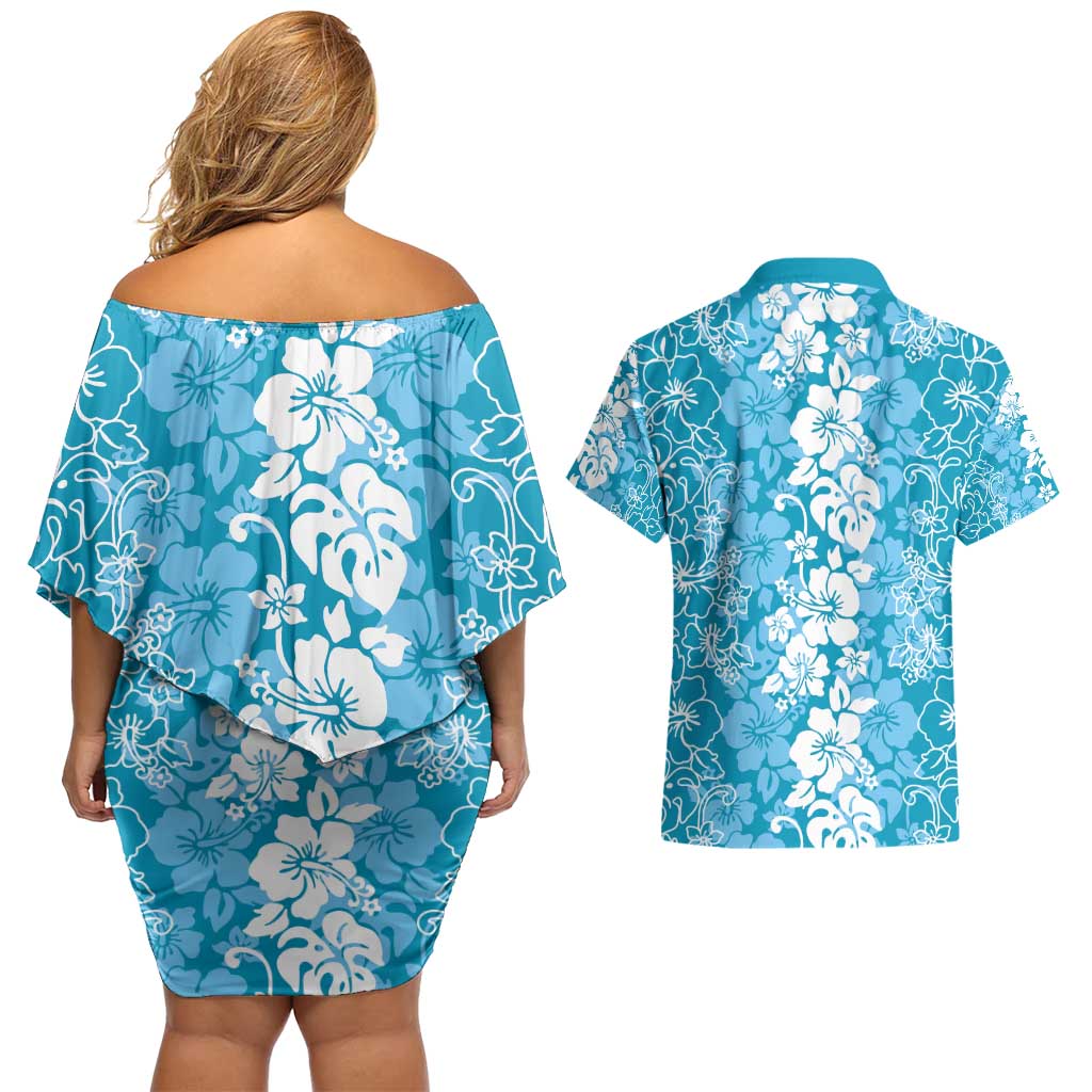 Hawaiian Lei Day Couples Matching Off Shoulder Short Dress and Hawaiian Shirt Blue Hibiscus Flowers Lei Art