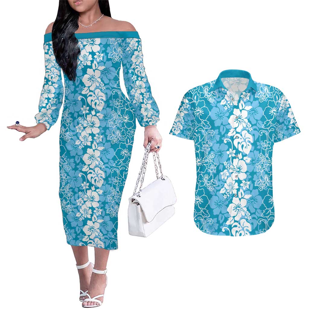 Hawaiian Lei Day Couples Matching Off The Shoulder Long Sleeve Dress and Hawaiian Shirt Blue Hibiscus Flowers Lei Art