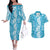 Hawaiian Lei Day Couples Matching Off The Shoulder Long Sleeve Dress and Hawaiian Shirt Blue Hibiscus Flowers Lei Art