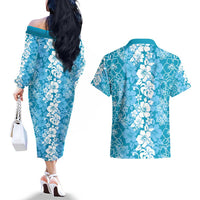 Hawaiian Lei Day Couples Matching Off The Shoulder Long Sleeve Dress and Hawaiian Shirt Blue Hibiscus Flowers Lei Art