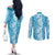 Hawaiian Lei Day Couples Matching Off The Shoulder Long Sleeve Dress and Long Sleeve Button Shirt Blue Hibiscus Flowers Lei Art