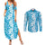 Hawaiian Lei Day Couples Matching Summer Maxi Dress and Long Sleeve Button Shirt Blue Hibiscus Flowers Lei Art