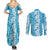 Hawaiian Lei Day Couples Matching Summer Maxi Dress and Long Sleeve Button Shirt Blue Hibiscus Flowers Lei Art