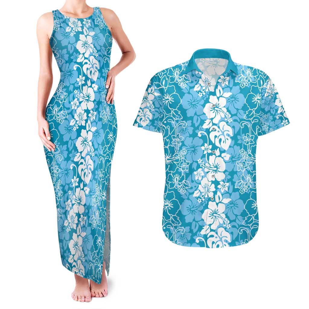 Hawaiian Lei Day Couples Matching Tank Maxi Dress and Hawaiian Shirt Blue Hibiscus Flowers Lei Art