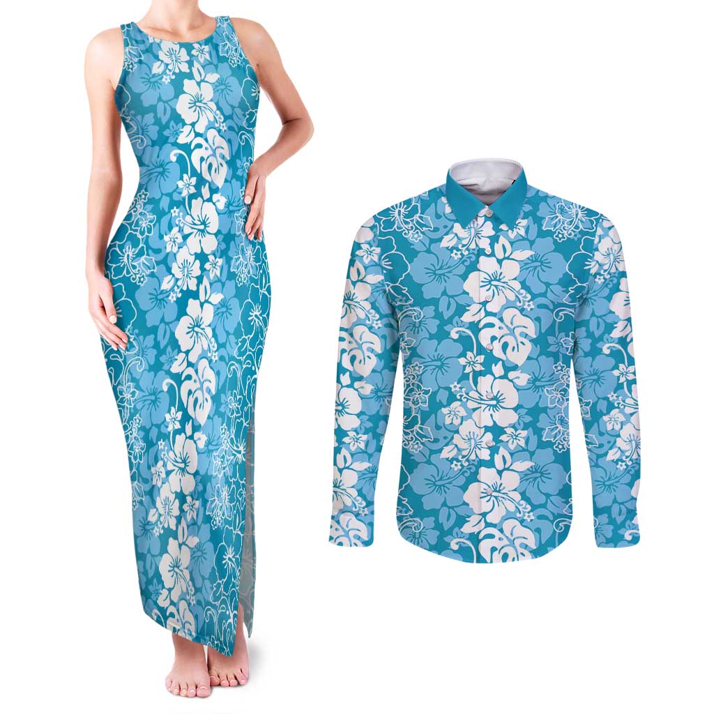 Hawaiian Lei Day Couples Matching Tank Maxi Dress and Long Sleeve Button Shirt Blue Hibiscus Flowers Lei Art