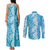 Hawaiian Lei Day Couples Matching Tank Maxi Dress and Long Sleeve Button Shirt Blue Hibiscus Flowers Lei Art
