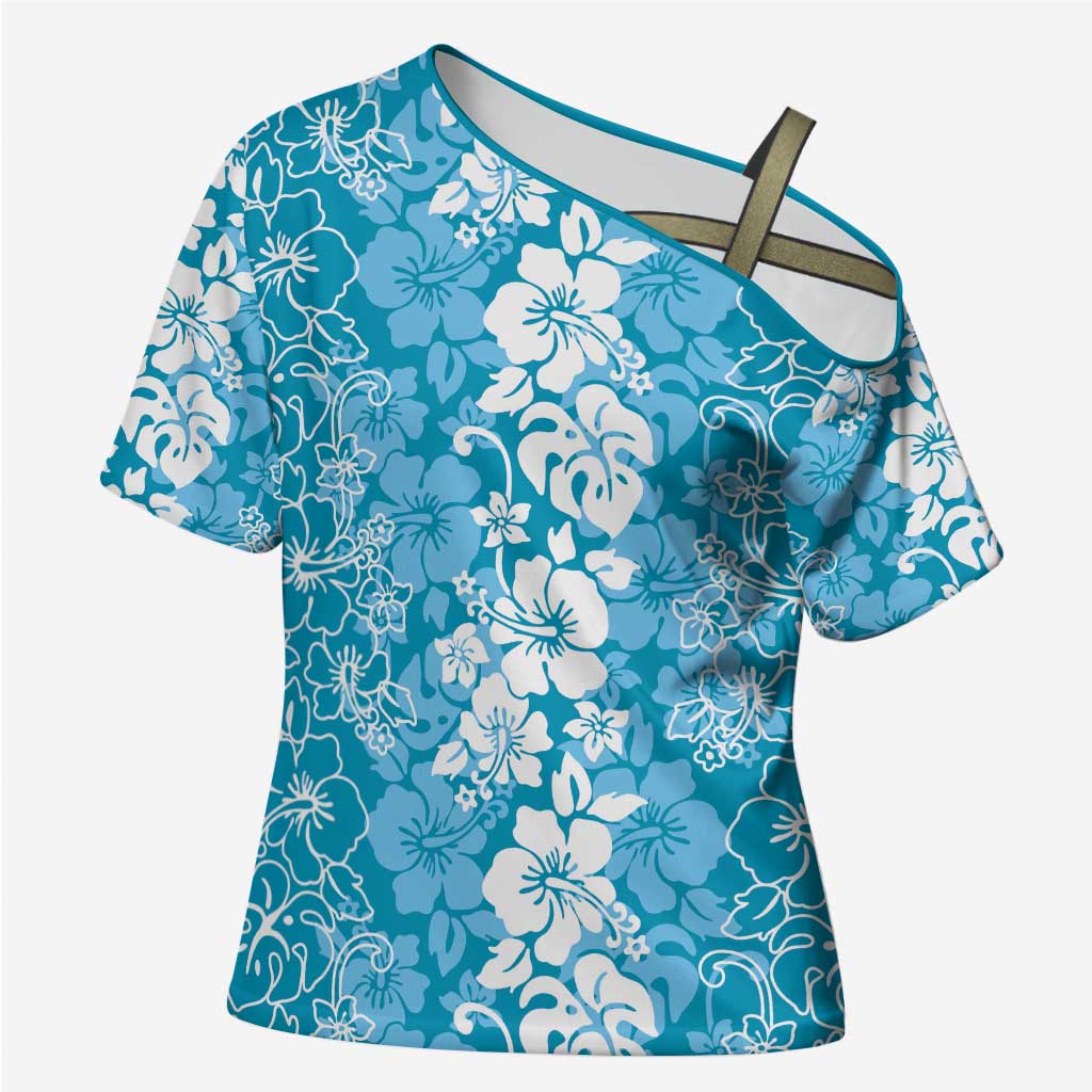 Hawaiian Lei Day Cross Shoulder Shirt Blue Hibiscus Flowers Lei Art - Polynesian Pride