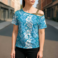 Hawaiian Lei Day Cross Shoulder Shirt Blue Hibiscus Flowers Lei Art - Polynesian Pride