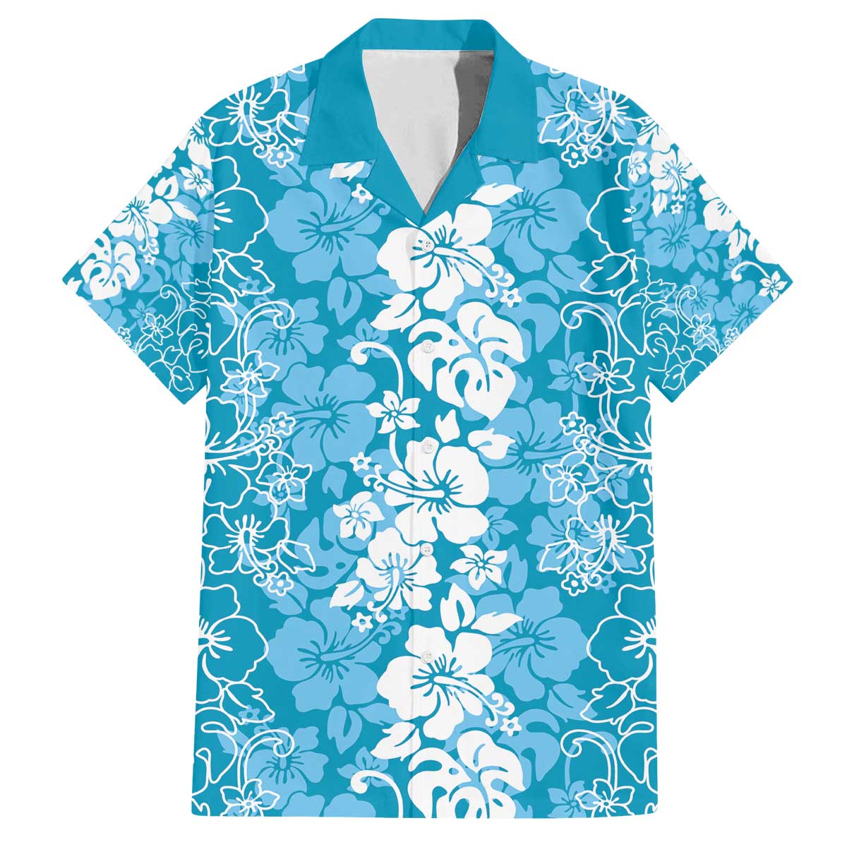Hawaiian Lei Day Family Matching Off The Shoulder Long Sleeve Dress and Hawaiian Shirt Blue Hibiscus Flowers Lei Art