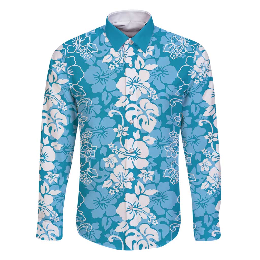 Hawaiian Lei Day Family Matching Off Shoulder Short Dress and Hawaiian Shirt Blue Hibiscus Flowers Lei Art