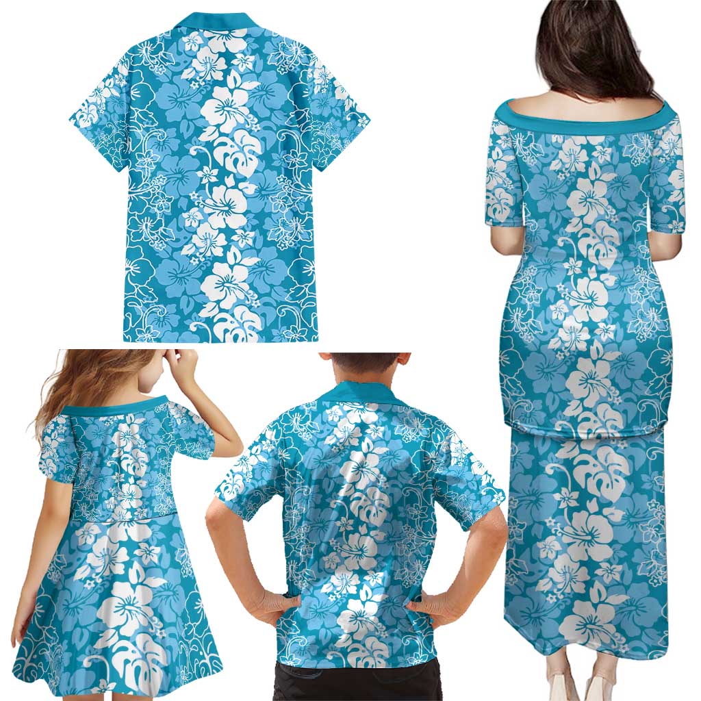 Hawaiian Lei Day Family Matching Puletasi and Hawaiian Shirt Blue Hibiscus Flowers Lei Art