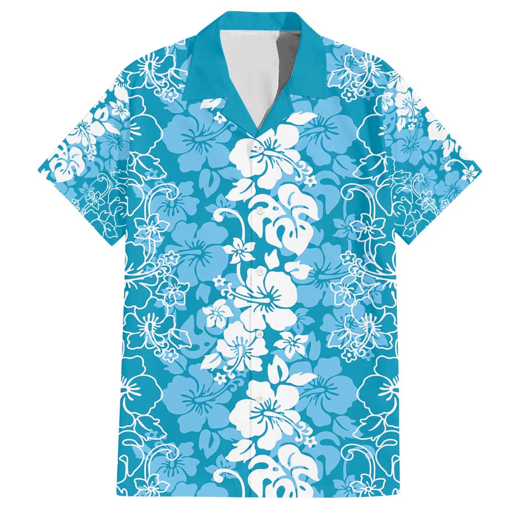Hawaiian Lei Day Family Matching Short Sleeve Bodycon Dress and Hawaiian Shirt Blue Hibiscus Flowers Lei Art