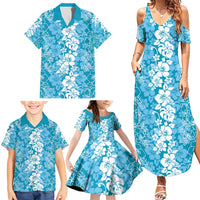 Hawaiian Lei Day Family Matching Summer Maxi Dress and Hawaiian Shirt Blue Hibiscus Flowers Lei Art