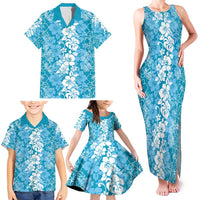 Hawaiian Lei Day Family Matching Tank Maxi Dress and Hawaiian Shirt Blue Hibiscus Flowers Lei Art