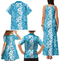 Hawaiian Lei Day Family Matching Tank Maxi Dress and Hawaiian Shirt Blue Hibiscus Flowers Lei Art