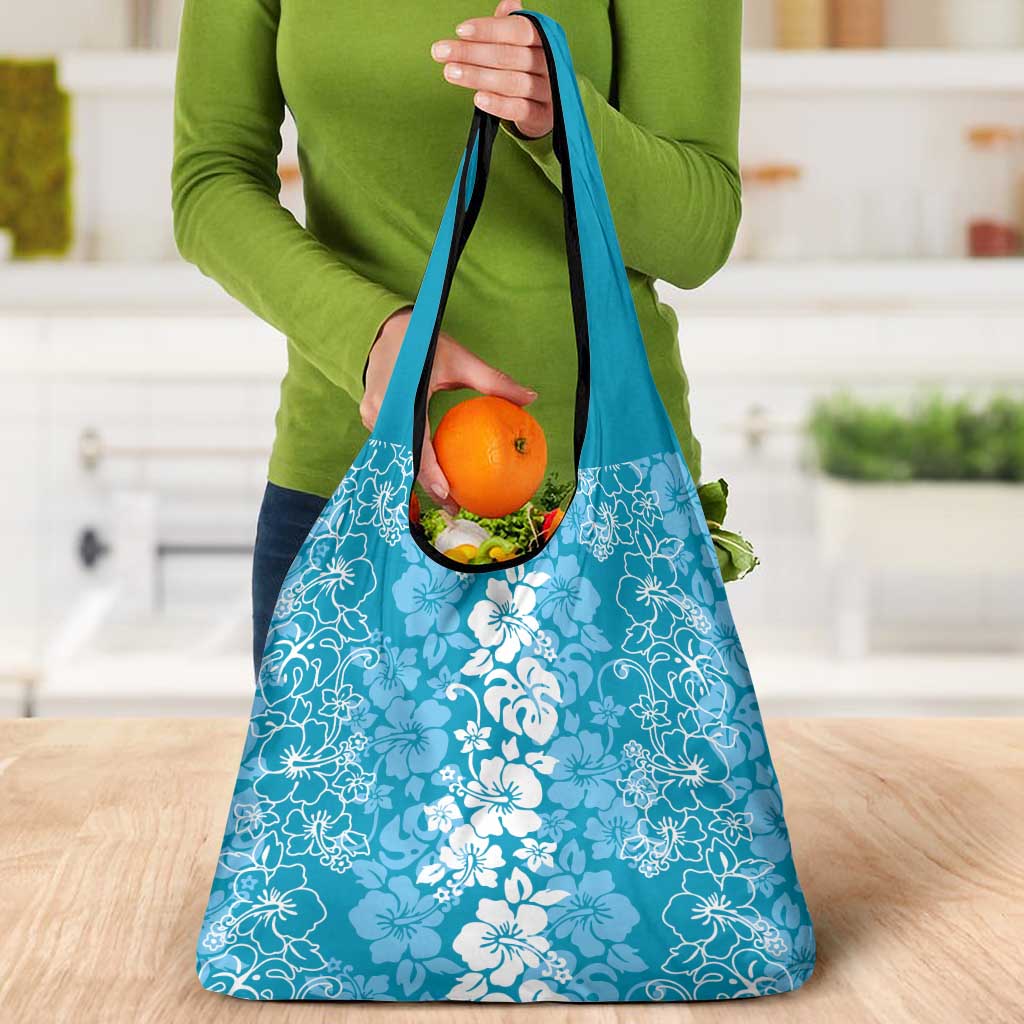 Hawaiian Lei Day Grocery Bag Blue Hibiscus Flowers Lei Art