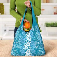 Hawaiian Lei Day Grocery Bag Blue Hibiscus Flowers Lei Art