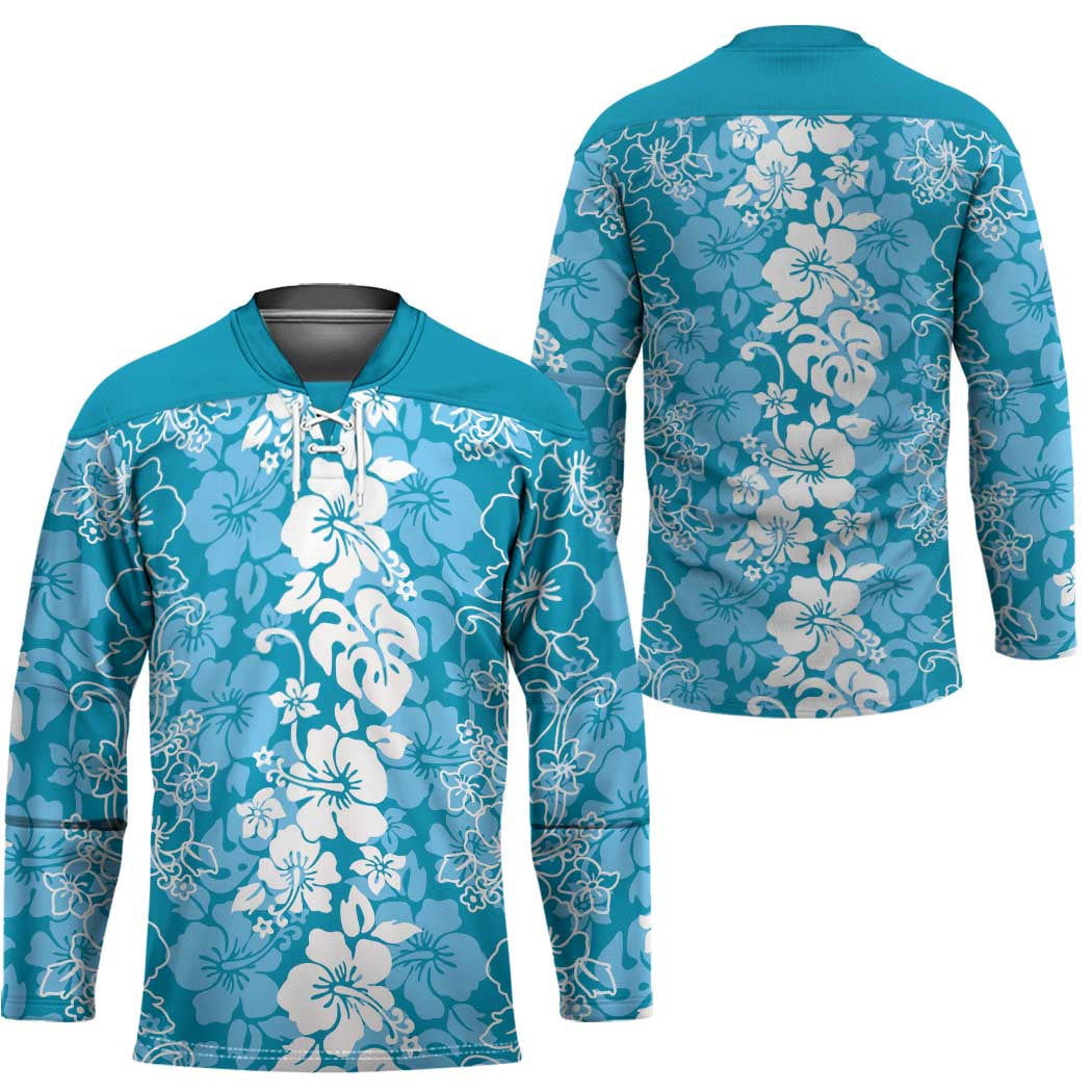 Hawaiian Lei Day Hockey Jersey Blue Hibiscus Flowers Lei Art - Polynesian Pride