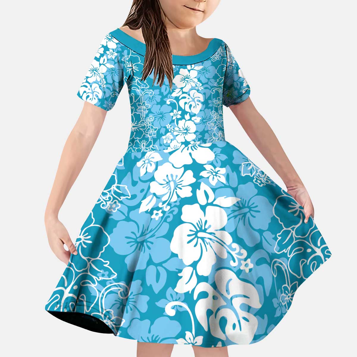 Hawaiian Lei Day Kid Short Sleeve Dress Blue Hibiscus Flowers Lei Art