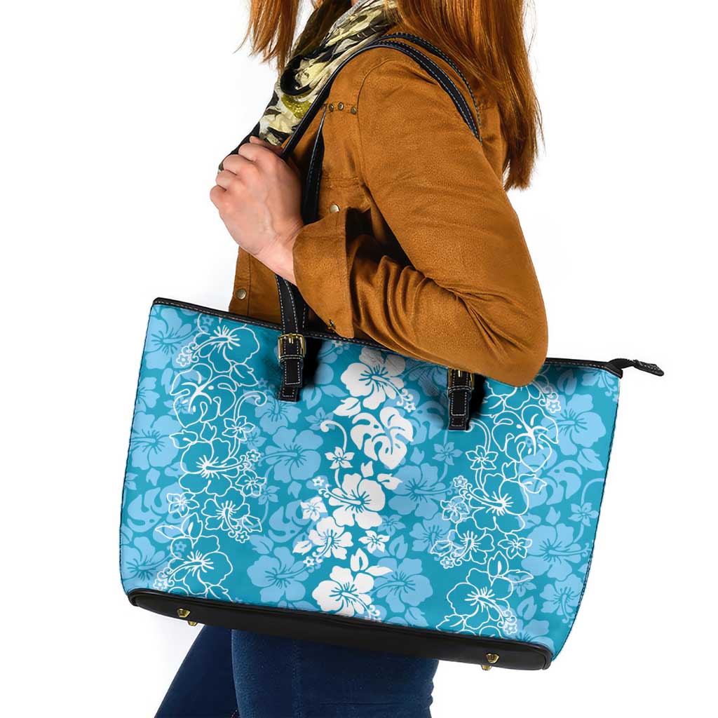 Hawaiian Lei Day Leather Tote Bag Blue Hibiscus Flowers Lei Art