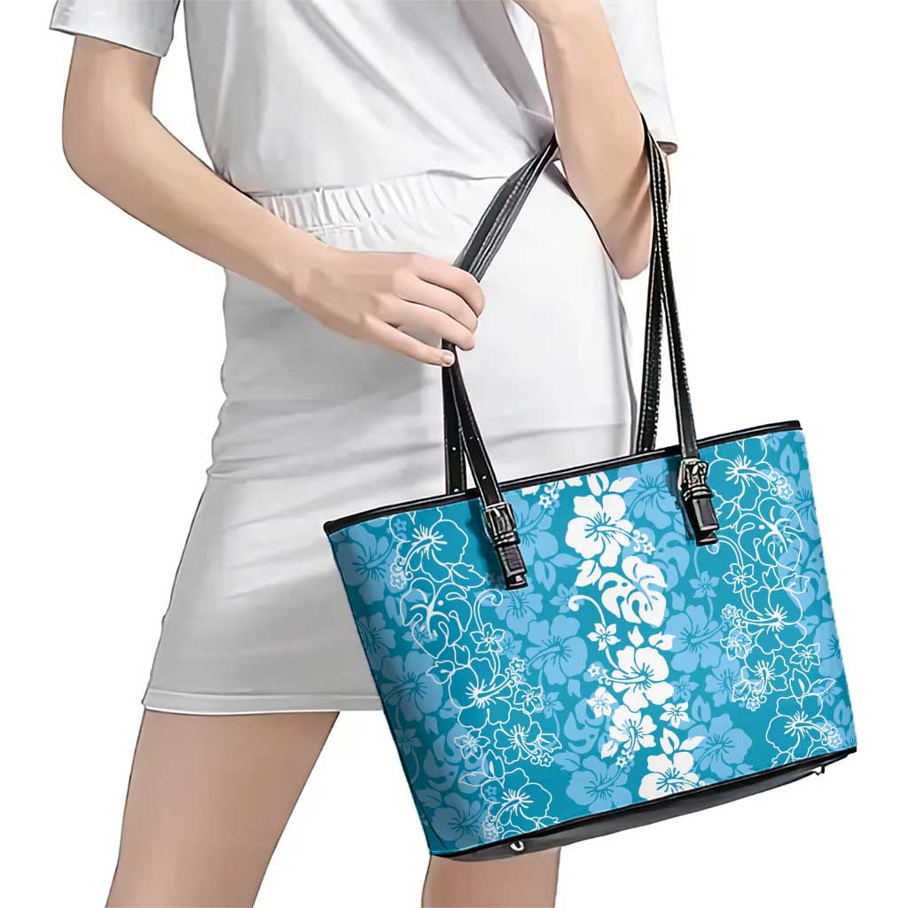 Hawaiian Lei Day Leather Tote Bag Blue Hibiscus Flowers Lei Art