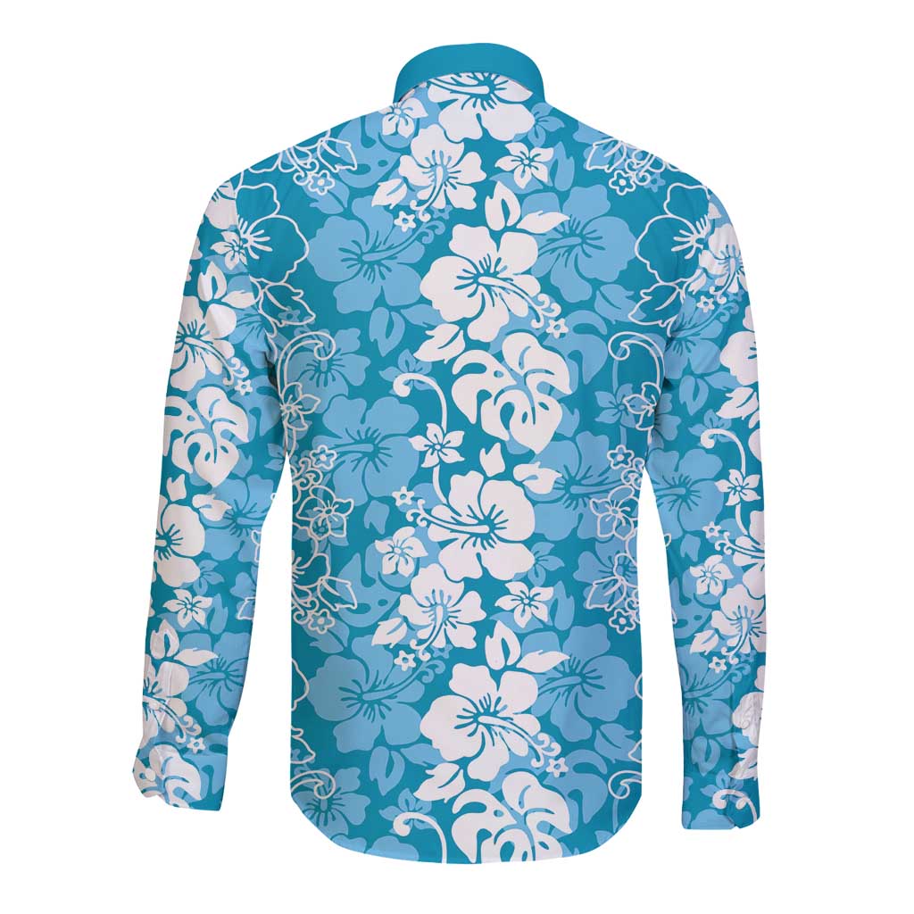 Hawaiian Lei Day Long Sleeve Button Shirt Blue Hibiscus Flowers Lei Art