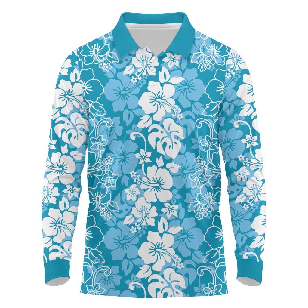Hawaiian Lei Day Long Sleeve Polo Shirt Blue Hibiscus Flowers Lei Art
