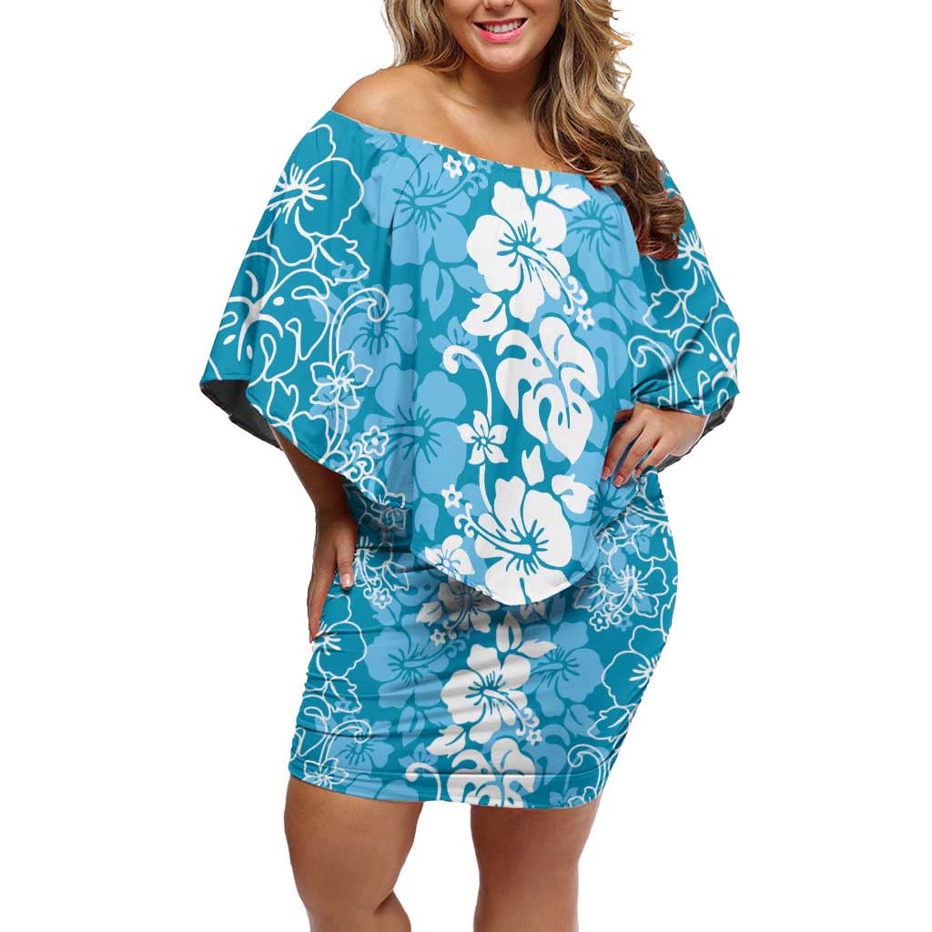 Hawaiian Lei Day Off Shoulder Short Dress Blue Hibiscus Flowers Lei Art