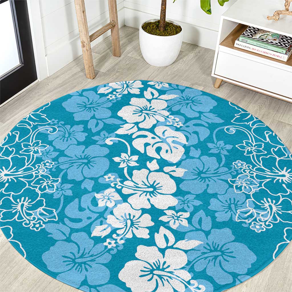 Hawaiian Lei Day Round Carpet Blue Hibiscus Flowers Lei Art LT9 Blue - Polynesian Pride