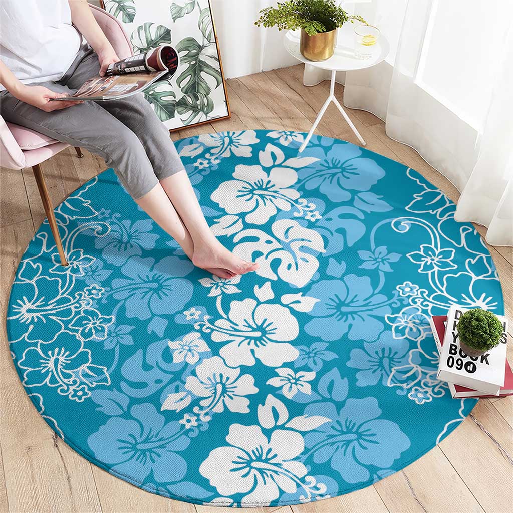 Hawaiian Lei Day Round Carpet Blue Hibiscus Flowers Lei Art LT9 - Polynesian Pride