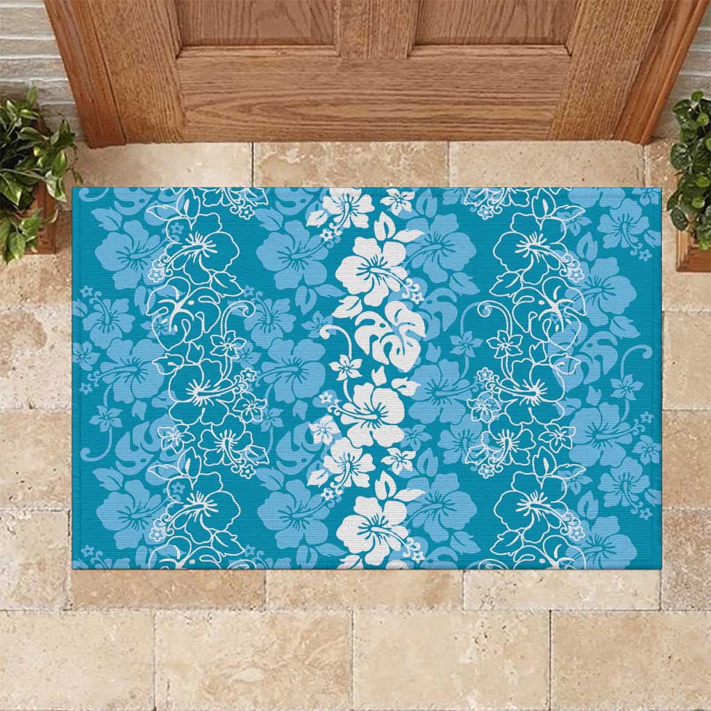 Hawaiian Lei Day Rubber Doormat Blue Hibiscus Flowers Lei Art