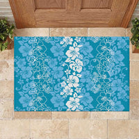 Hawaiian Lei Day Rubber Doormat Blue Hibiscus Flowers Lei Art
