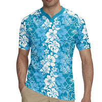 Hawaiian Lei Day Rugby Jersey Blue Hibiscus Flowers Lei Art