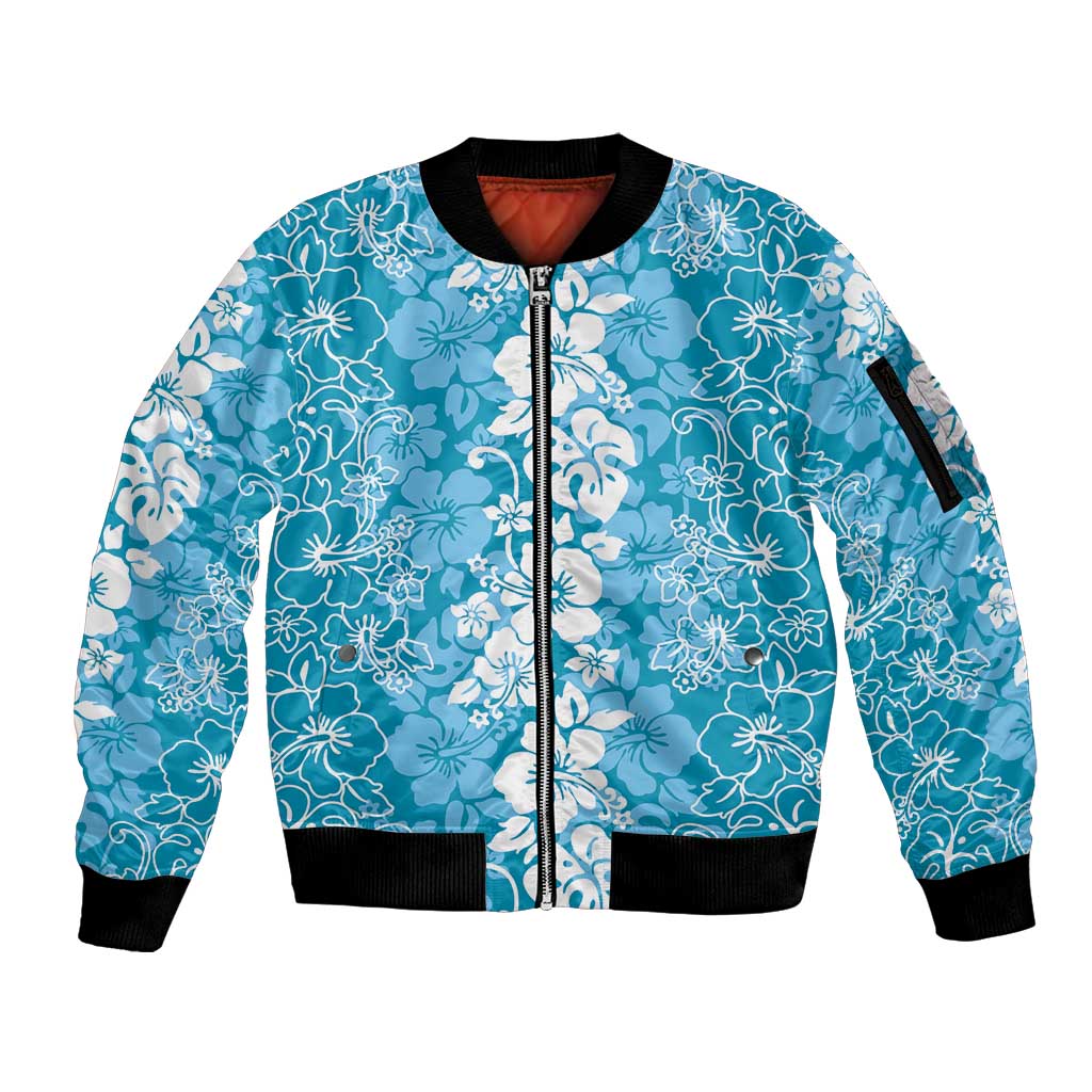 Hawaiian Lei Day Sleeve Zip Bomber Jacket Blue Hibiscus Flowers Lei Art