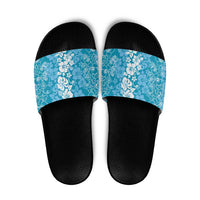 Hawaiian Lei Day Slide Sandals Blue Hibiscus Flowers Lei Art - Polynesian Pride