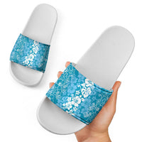 Hawaiian Lei Day Slide Sandals Blue Hibiscus Flowers Lei Art - Polynesian Pride