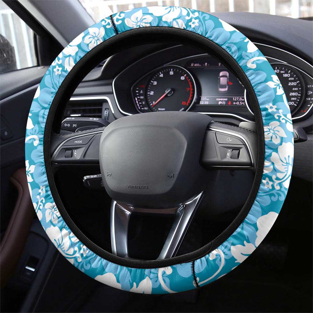 Hawaiian Lei Day Steering Wheel Cover Blue Hibiscus Flowers Lei Art