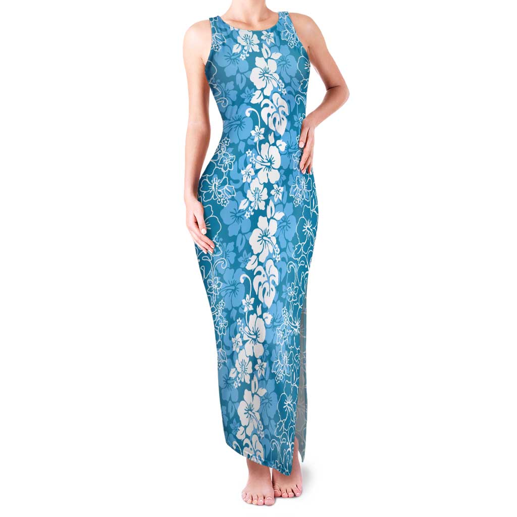 Hawaiian Lei Day Tank Maxi Dress Blue Hibiscus Flowers Lei Art