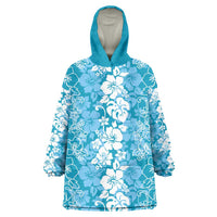 Hawaiian Lei Day Wearable Blanket Hoodie Blue Hibiscus Flowers Lei Art